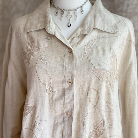 NWT Vintage 90s Tower Hill Ivory Linen ButtonUp Shirt Butterfly Embroidery Sz‎ L - Picture 5 of 8